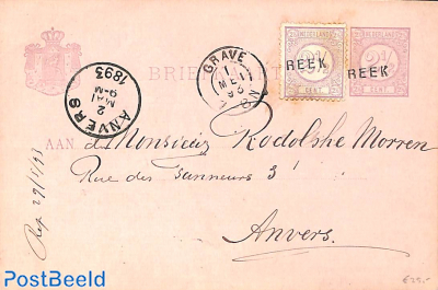 Postcard 2.5c, uprated to Anvers, langstempel: REEK, via GRAVE (kleinrond)