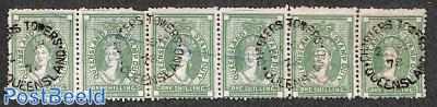 Strip of postal fiscals 1sh green