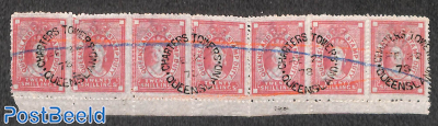 Strip of postal fiscals 20sh pink (large tear in second stamp)