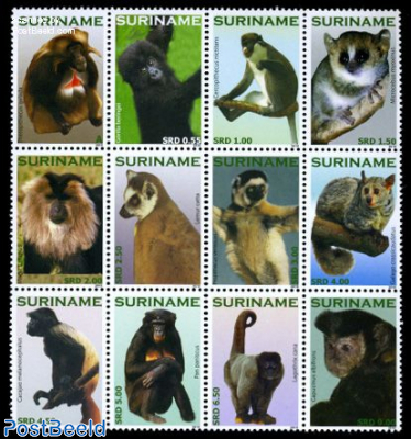 Primates, monkeys 12v, sheetlet