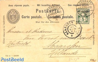 Reply paid postcard from ZERMATT to MAARSSEN (NL)
