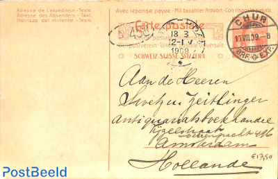 Reply paid postcard 10/10c from CHUR to Amsterdam