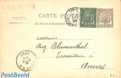 Postcard 5c, uprated to 10c, sent to Antwerp