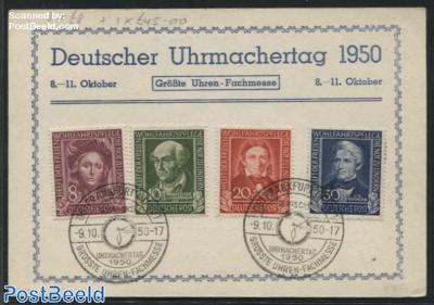 Welfare 1949 set on card with special postmark Uhren-Fachmesse