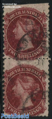 2Sh, used pair, upper stamp cut on top