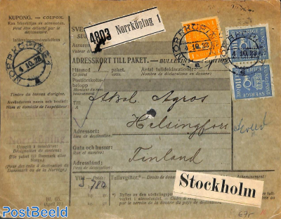 Parcel card from NorKöping to Helsingfors