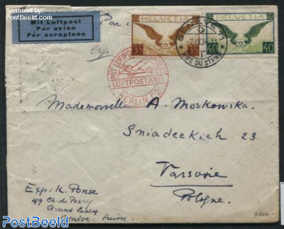 Airmail letter from Geneva to Warsaw