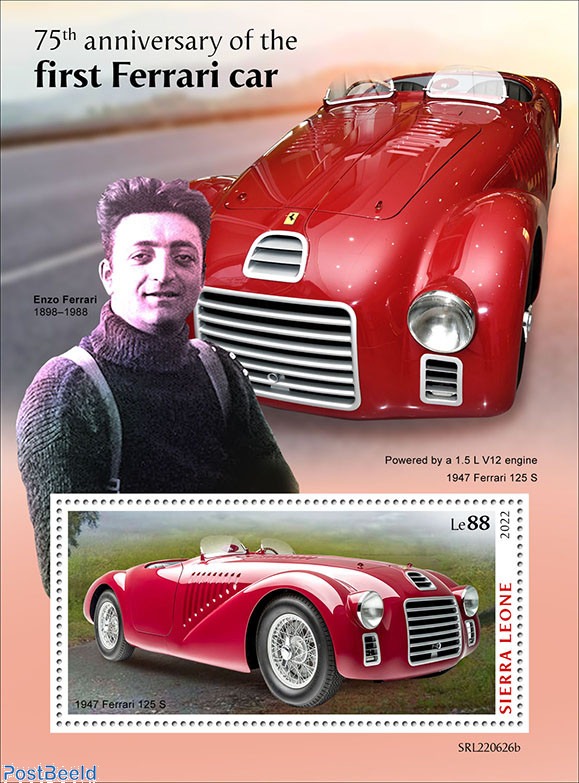 Stamp 2022, Sierra Leone 75th anniversary of the first Ferrari car ...