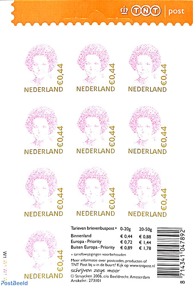 Alternatief voorstel Nieuwsgierigheid Waden Stamp 2006, Netherlands Beatrix 10x0.44 foil sheet, TNT logo, safety  perforation, closed hanging eye, 2006 - Collecting Stamps - PostBeeld -  Online Stamp Shop - Collecting