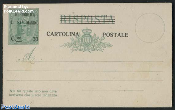 1924, Postcard 30Cmi on 0 Cmi, Answer card